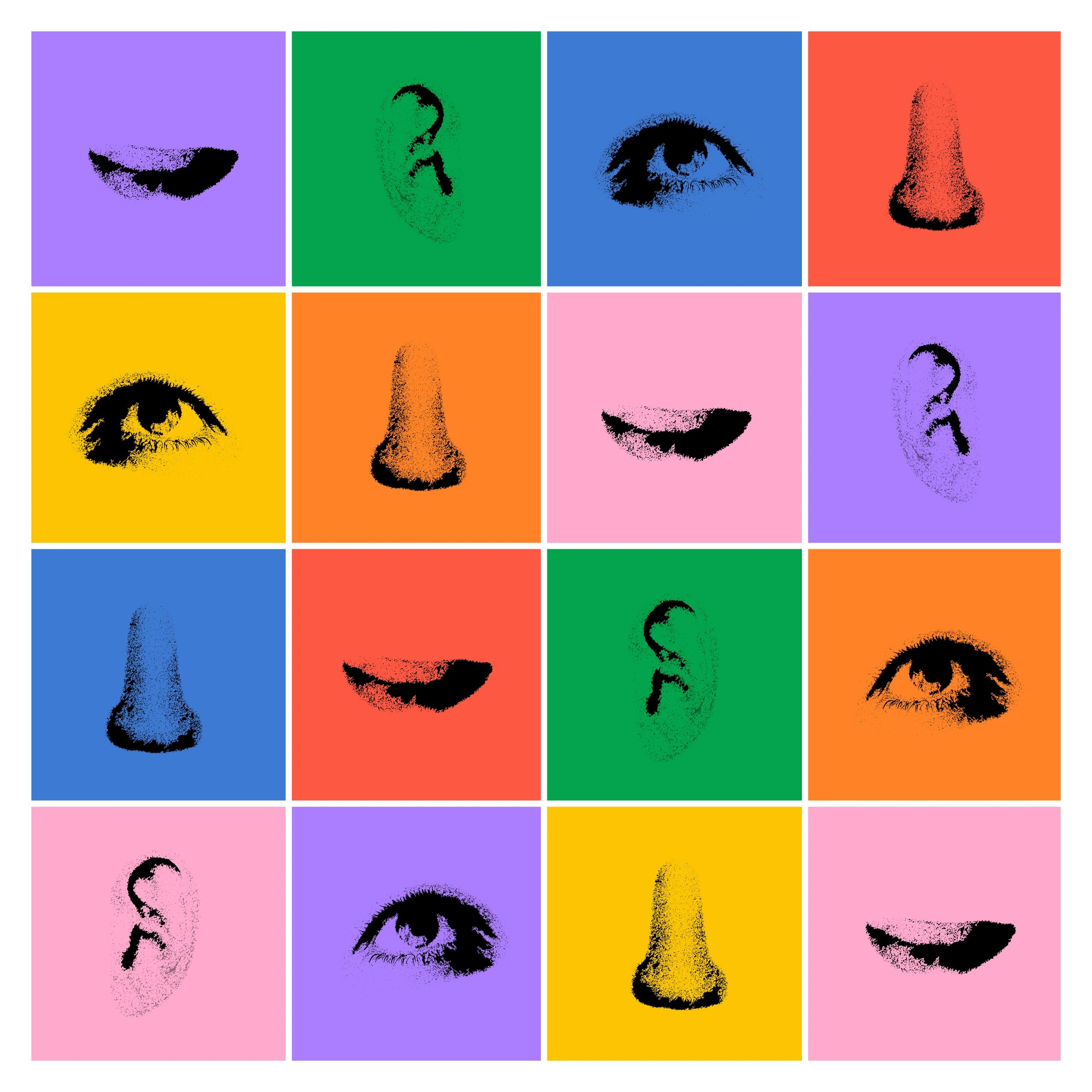 Abstract collage of facial features in colorful squares