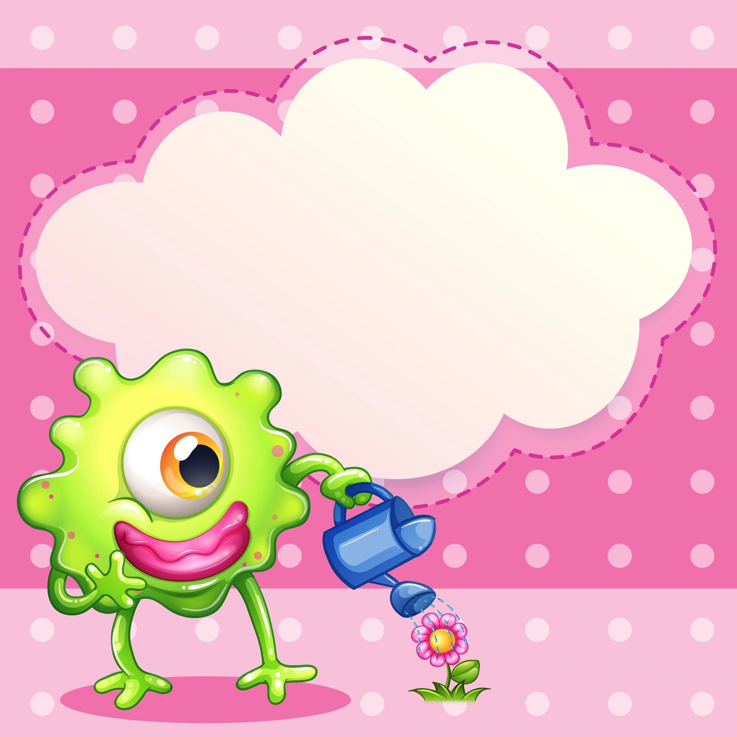 Creepy-cute monster illustration watering a plant