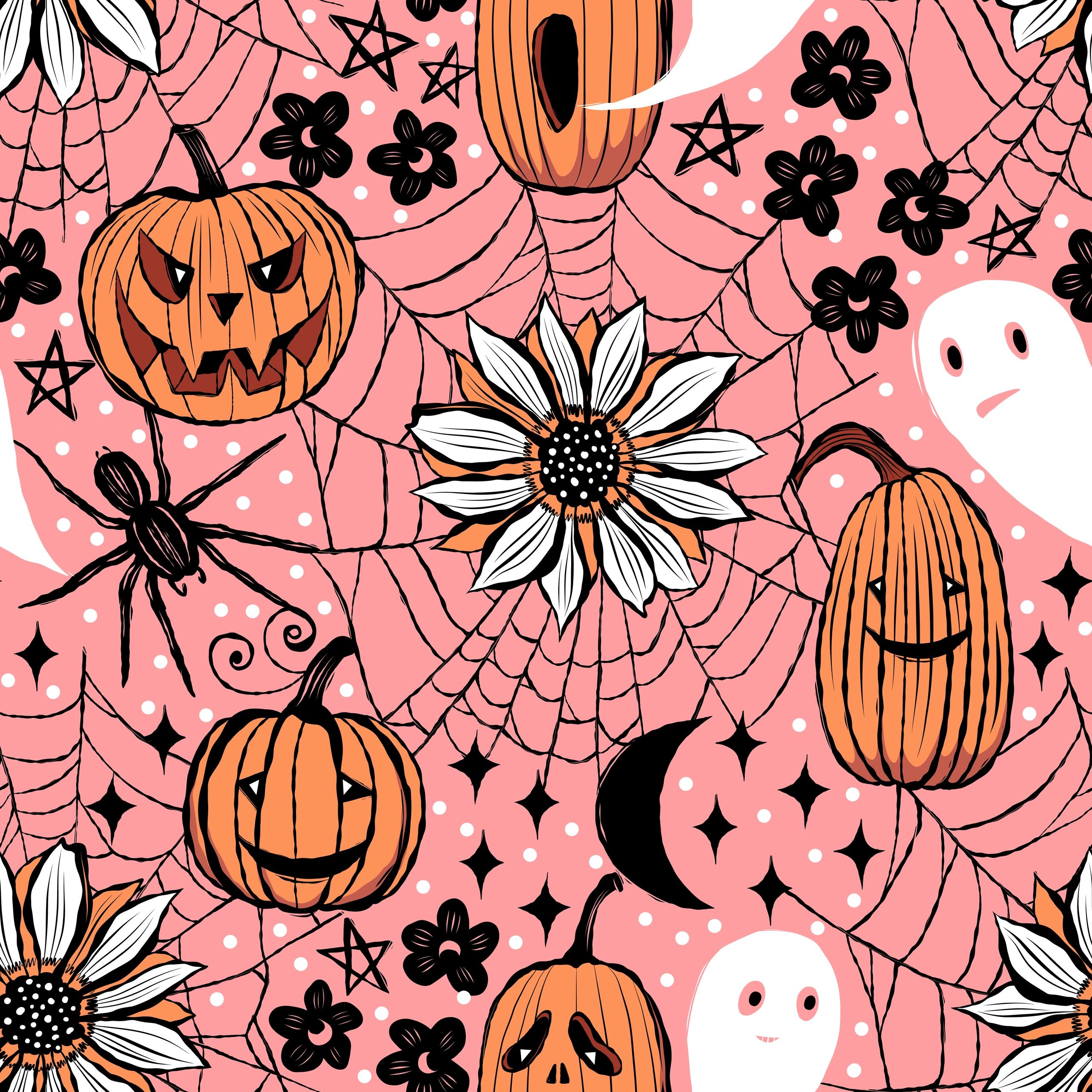 Halloween pumpkins and spiders pattern illustration